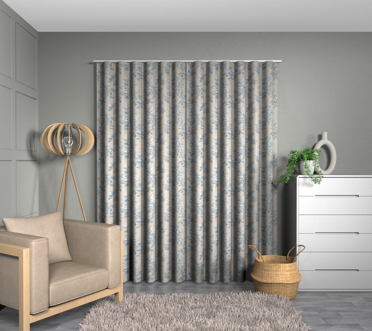 Sorilla Damask Delft/Linen Wave Curtain