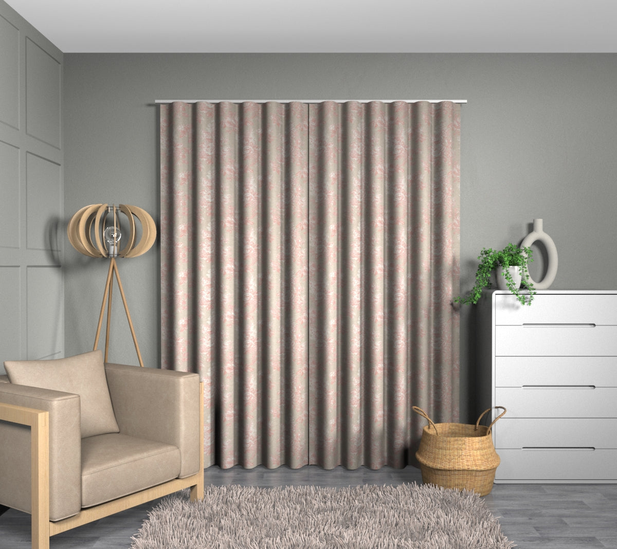Sorilla Damask Shell Pink/Linen Wave Curtain