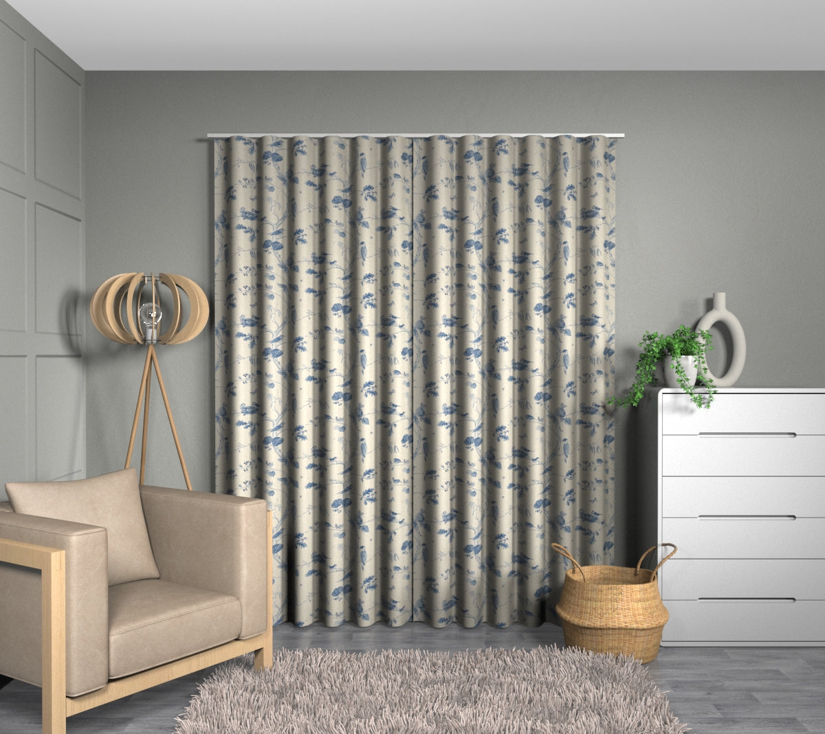 Woodland Chorus Indigo/Linen Wave Curtain