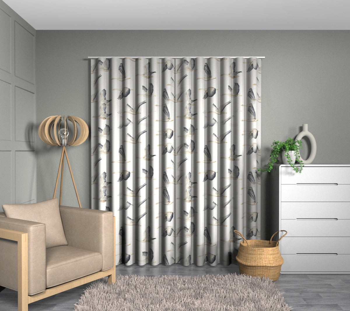 Elysian Geese Silver/Chalk Wave Curtain