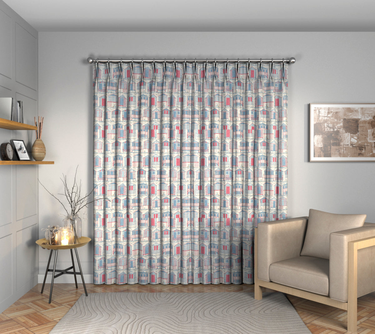 Beach Huts Nautical Double Pleat Curtain