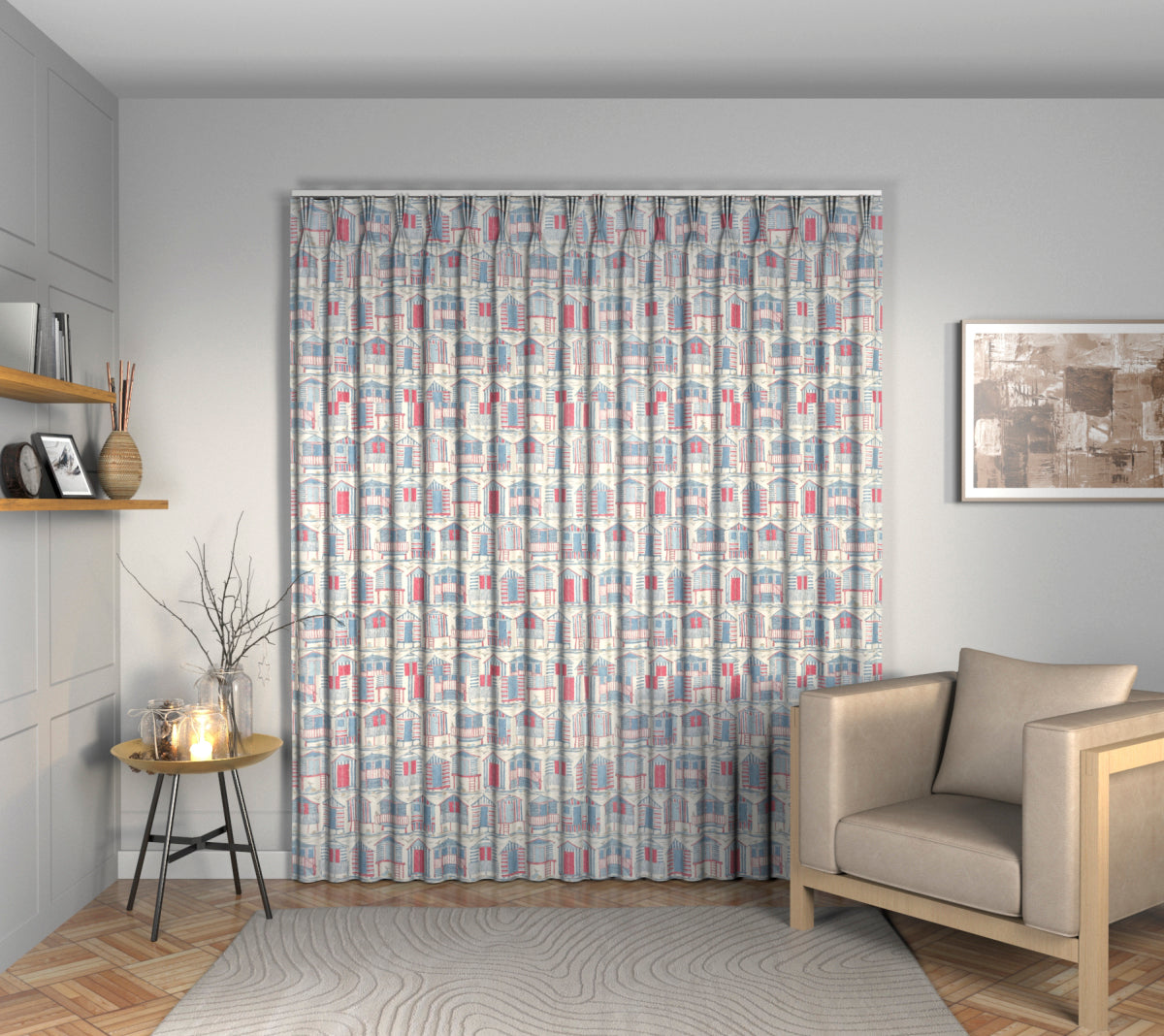 Beach Huts Nautical Triple Pleat Curtain