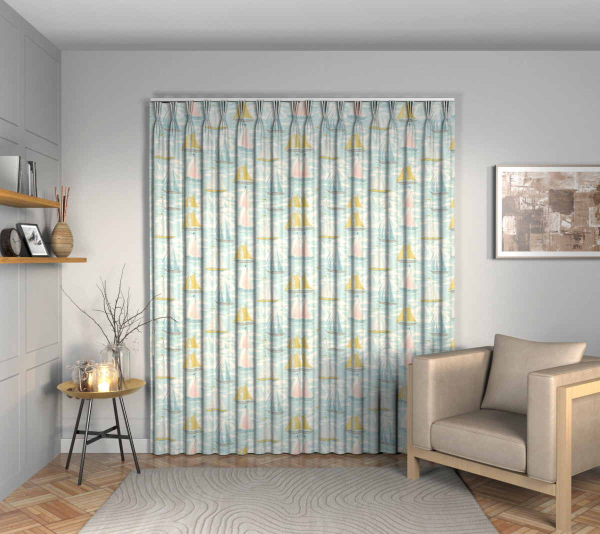 Sailor Aqua Triple Pleat Curtain