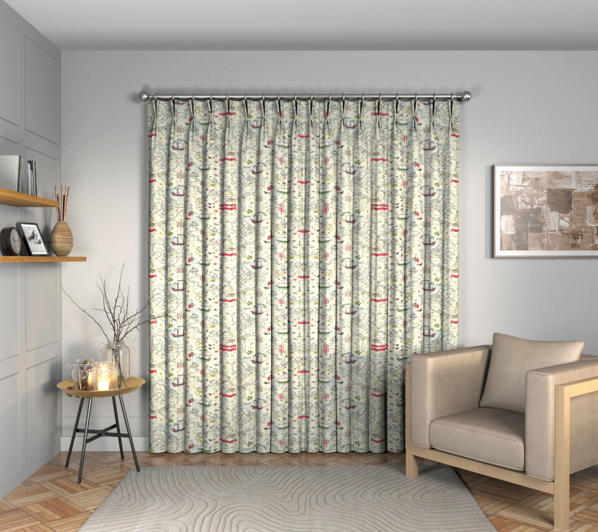 Treasure Map Vanilla Double Pleat Curtain