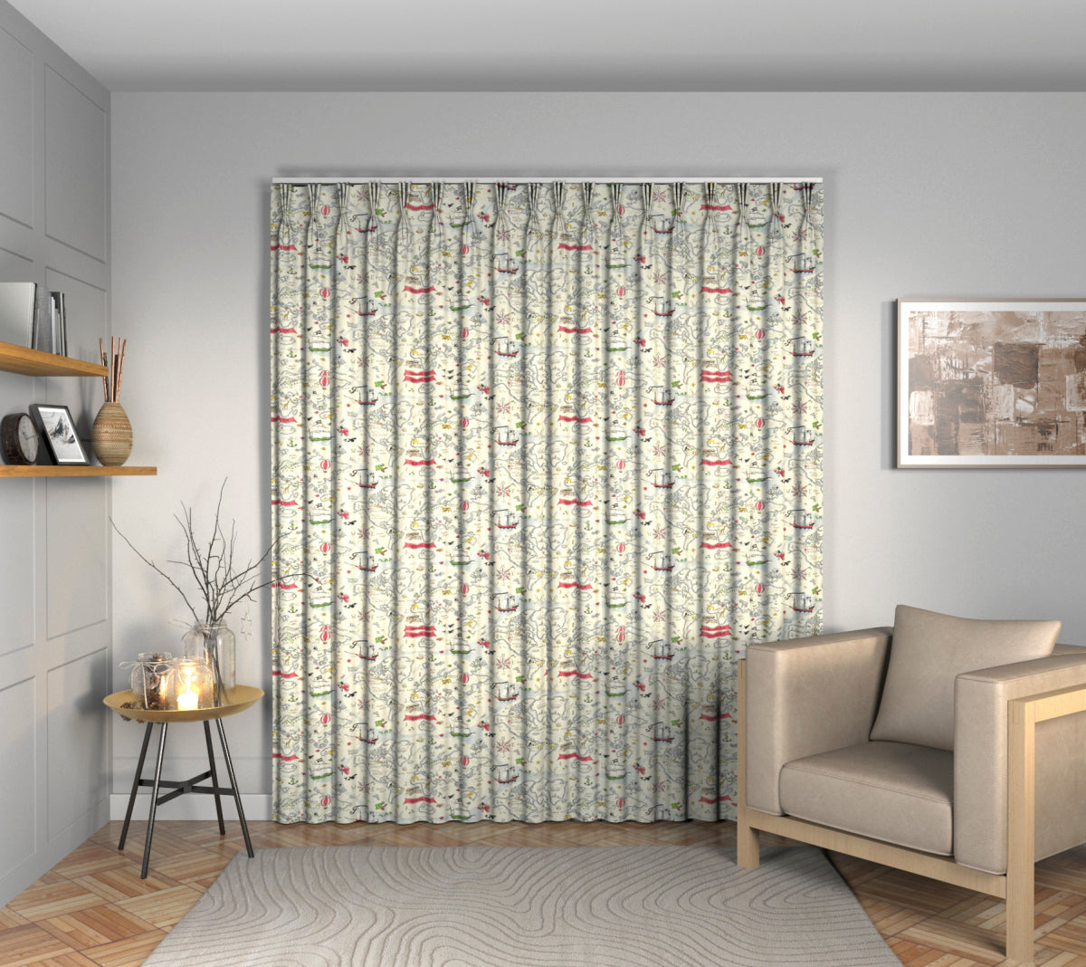 Treasure Map Vanilla Triple Pleat Curtain
