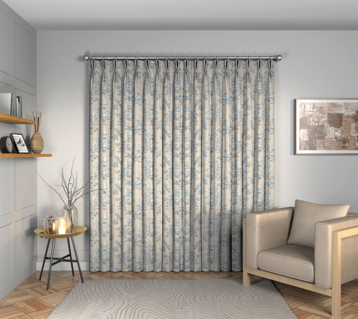 Sorilla Damask Delft/Linen Double Pleat Curtain