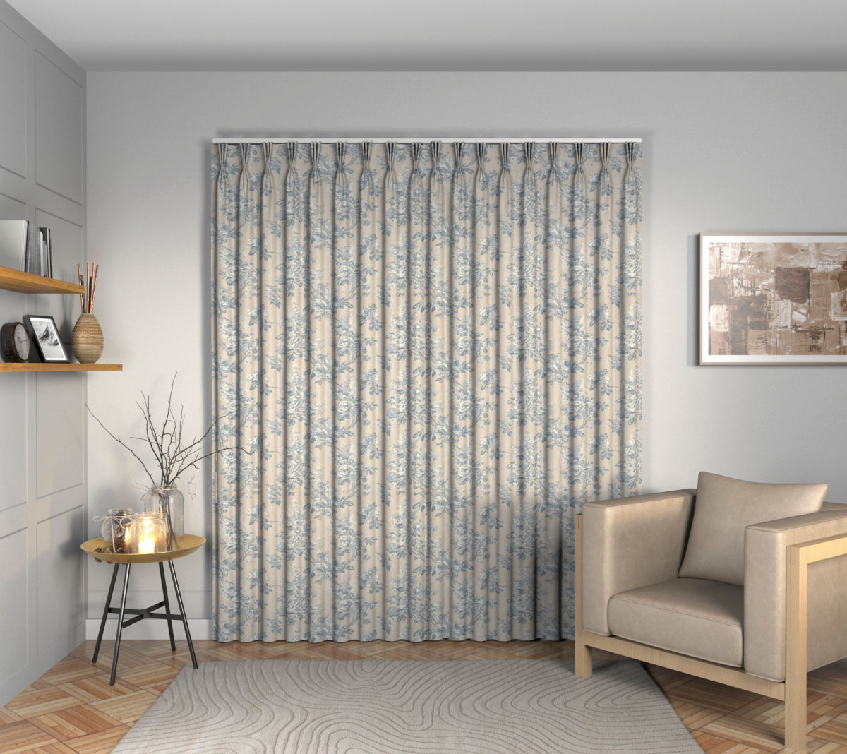 Sorilla Damask Delft/Linen Triple Pleat Curtain
