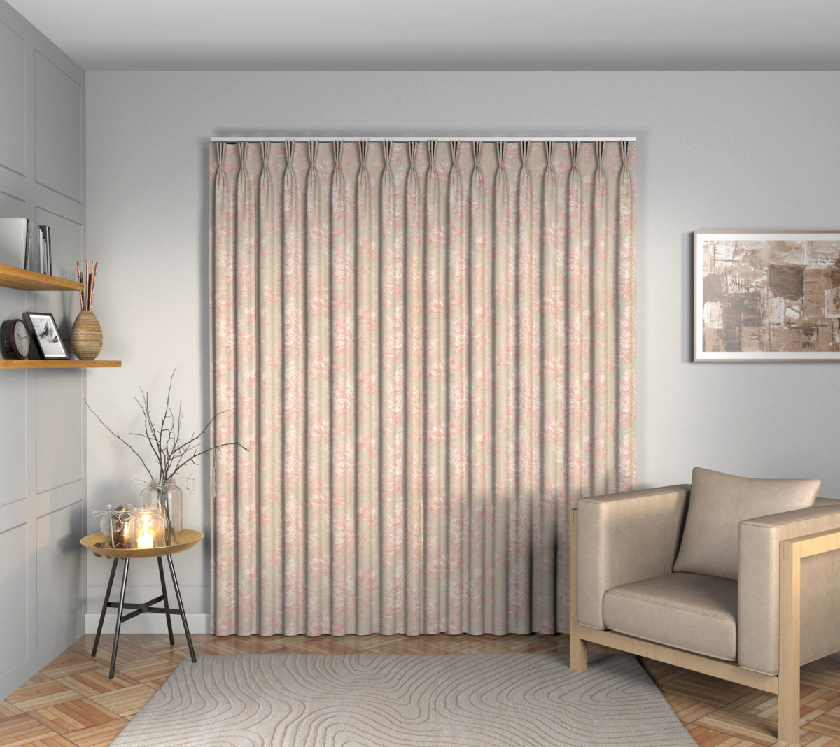 Sorilla Damask Shell Pink/Linen Triple Pleat Curtain