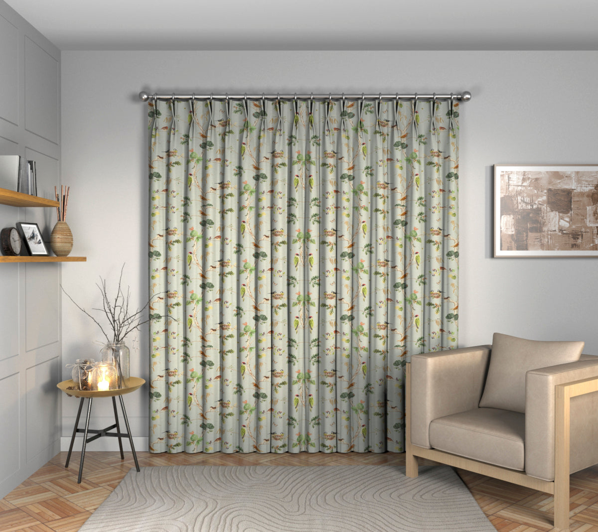 Woodland Chorus Sky Blue/Multi Double Pleat Curtain