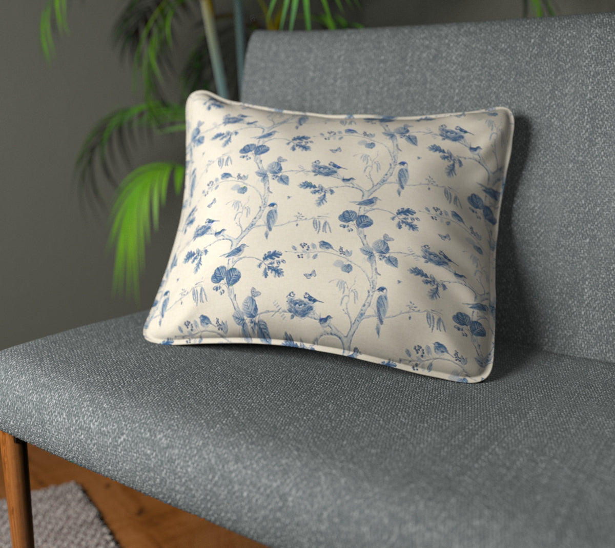 Woodland Chorus Indigo/Linen Piped Cushion