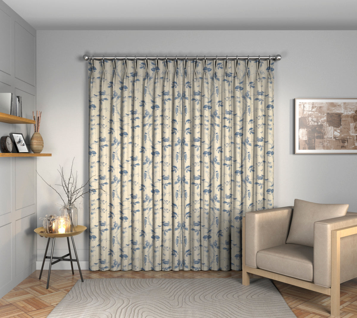 Woodland Chorus Indigo/Linen Double Pleat Curtain