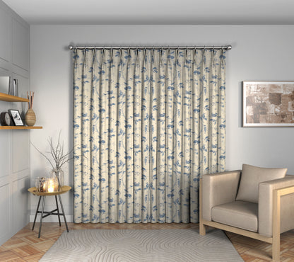 Woodland Chorus Indigo/Linen Double Pleat Curtain
