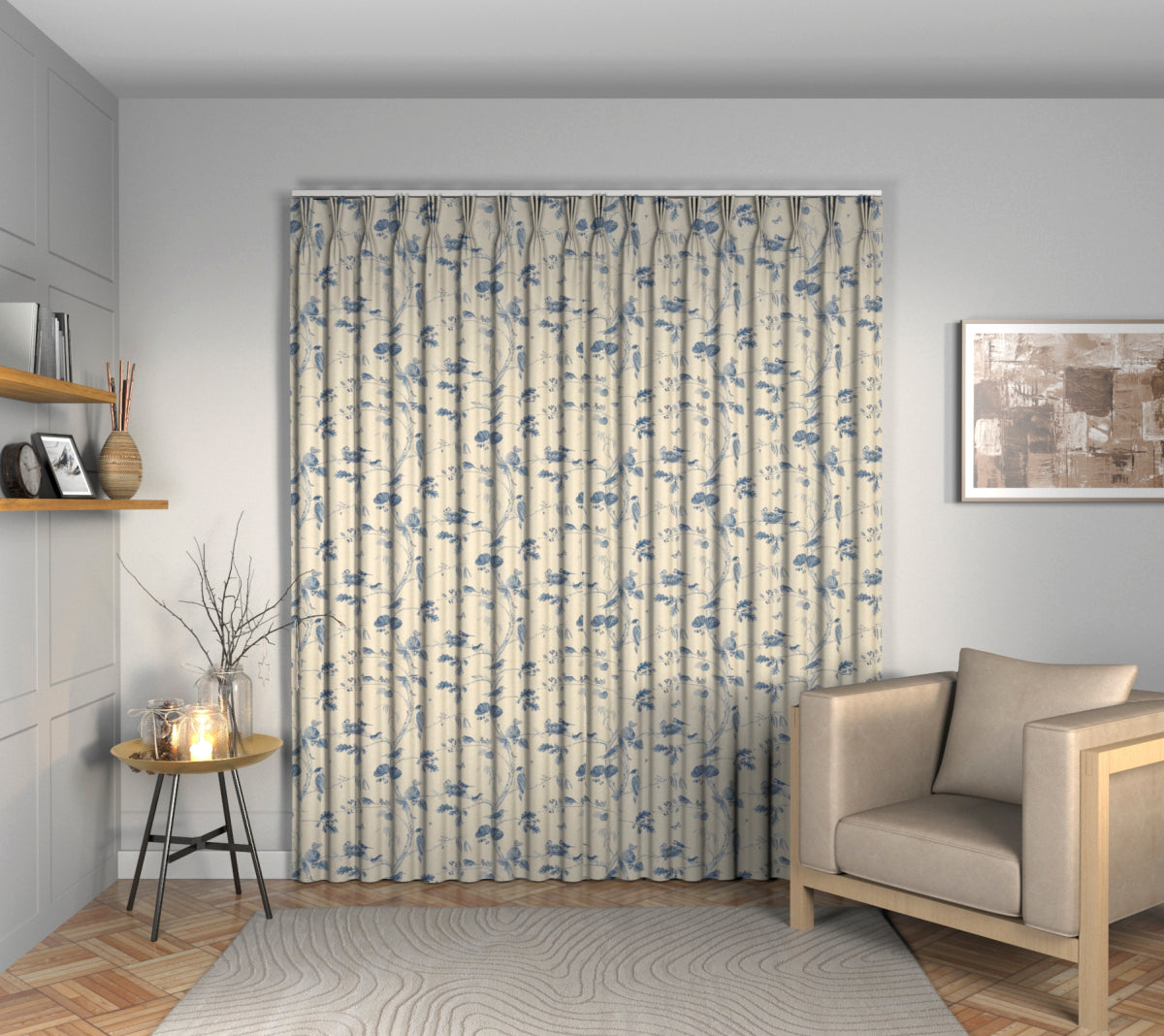 Woodland Chorus Indigo/Linen Triple Pleat Curtain