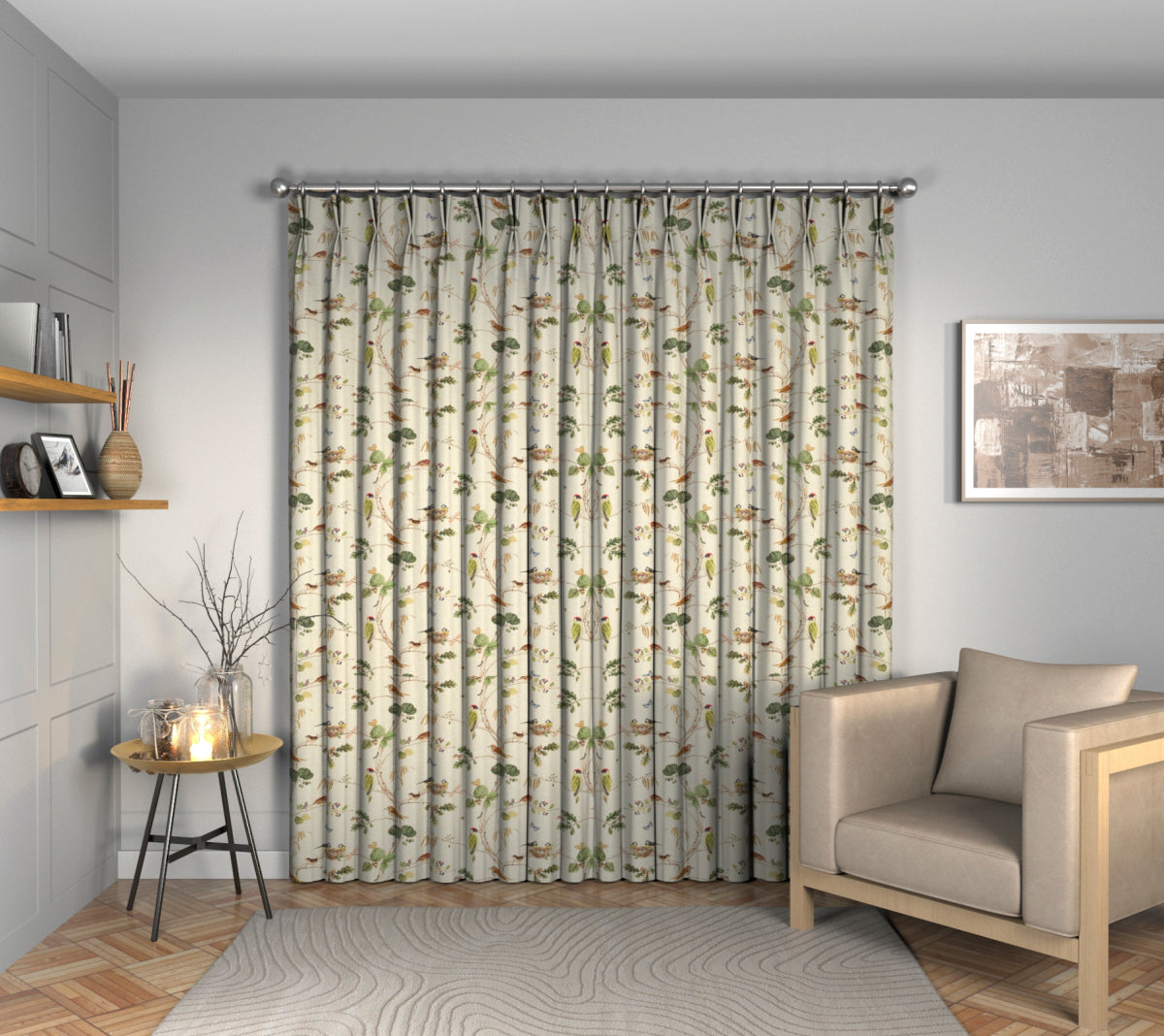 Woodland Chorus Linen/Multi Double Pleat Curtain
