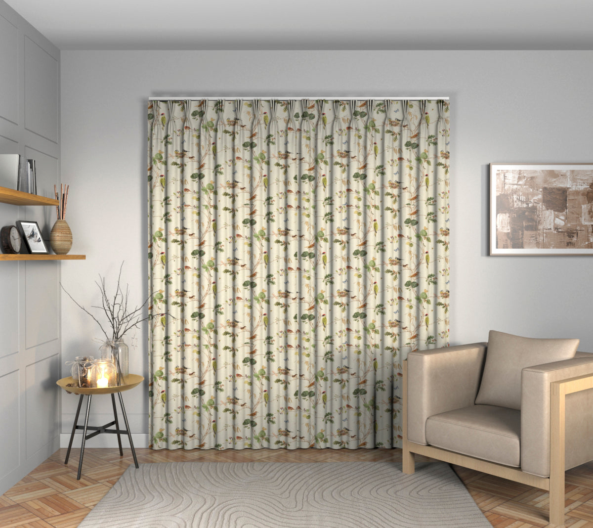 Woodland Chorus Linen/Multi Triple Pleat Curtain