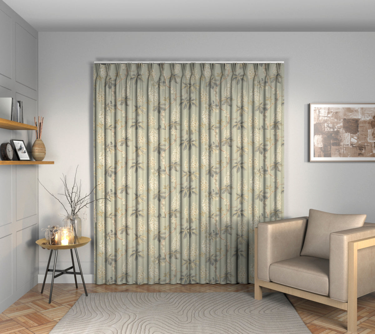 Chestnut Tree Grey Blue/Sage Triple Pleat Curtain