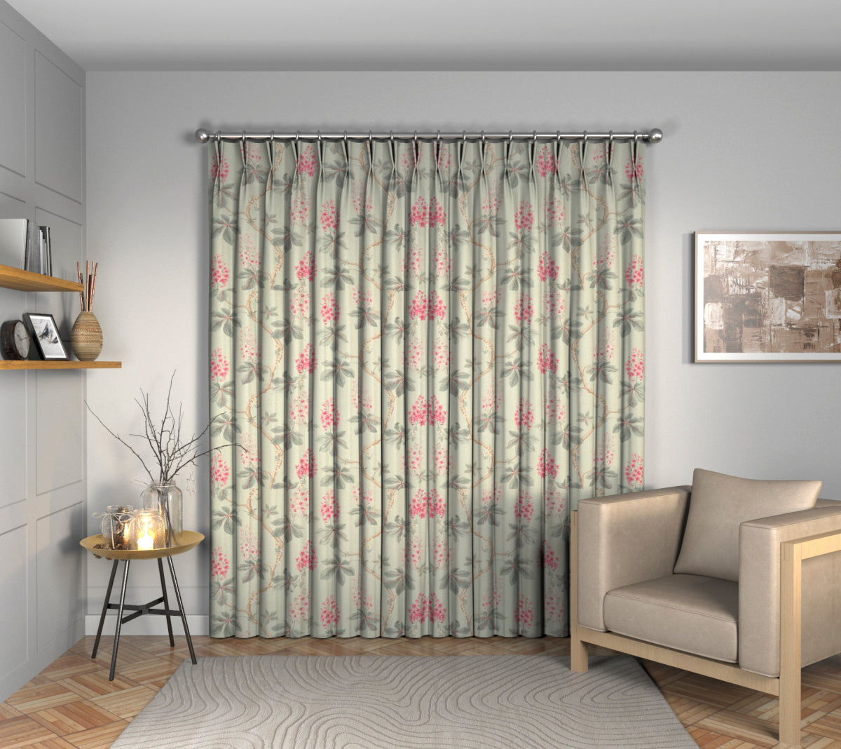 Chestnut Tree Seaspray/Peony Double Pleat Curtain
