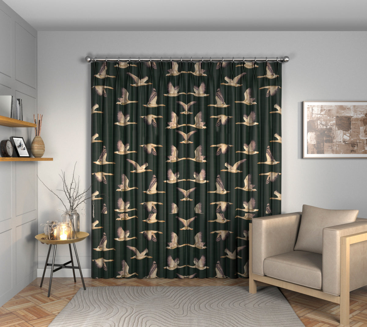 Elysian Geese Forest/Fig Double Pleat Curtain