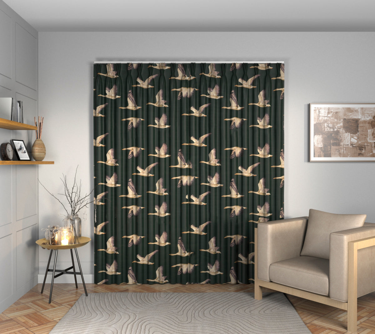 Elysian Geese Forest/Fig Triple Pleat Curtain