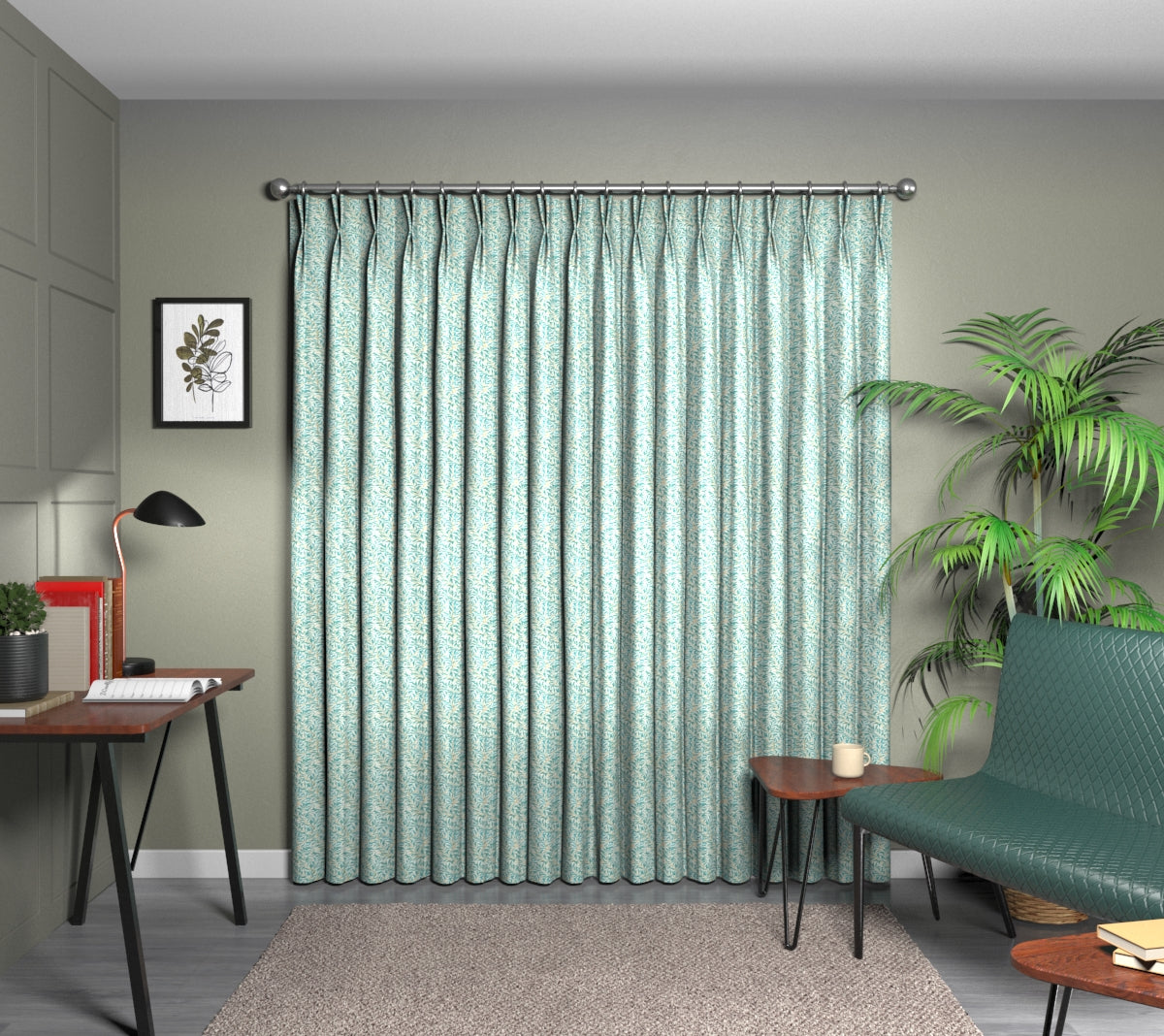 Willow Boughs Teal Double Pleat Curtain