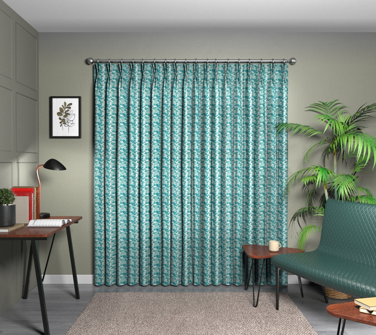 Acanthus Teal Double Pleat Curtain