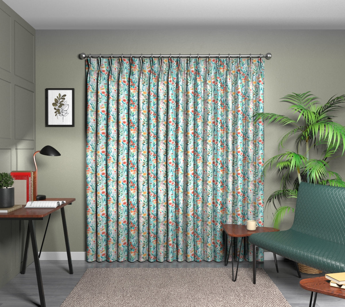 Hide And Seek Poppy/Marine/Ochre Double Pleat Curtain