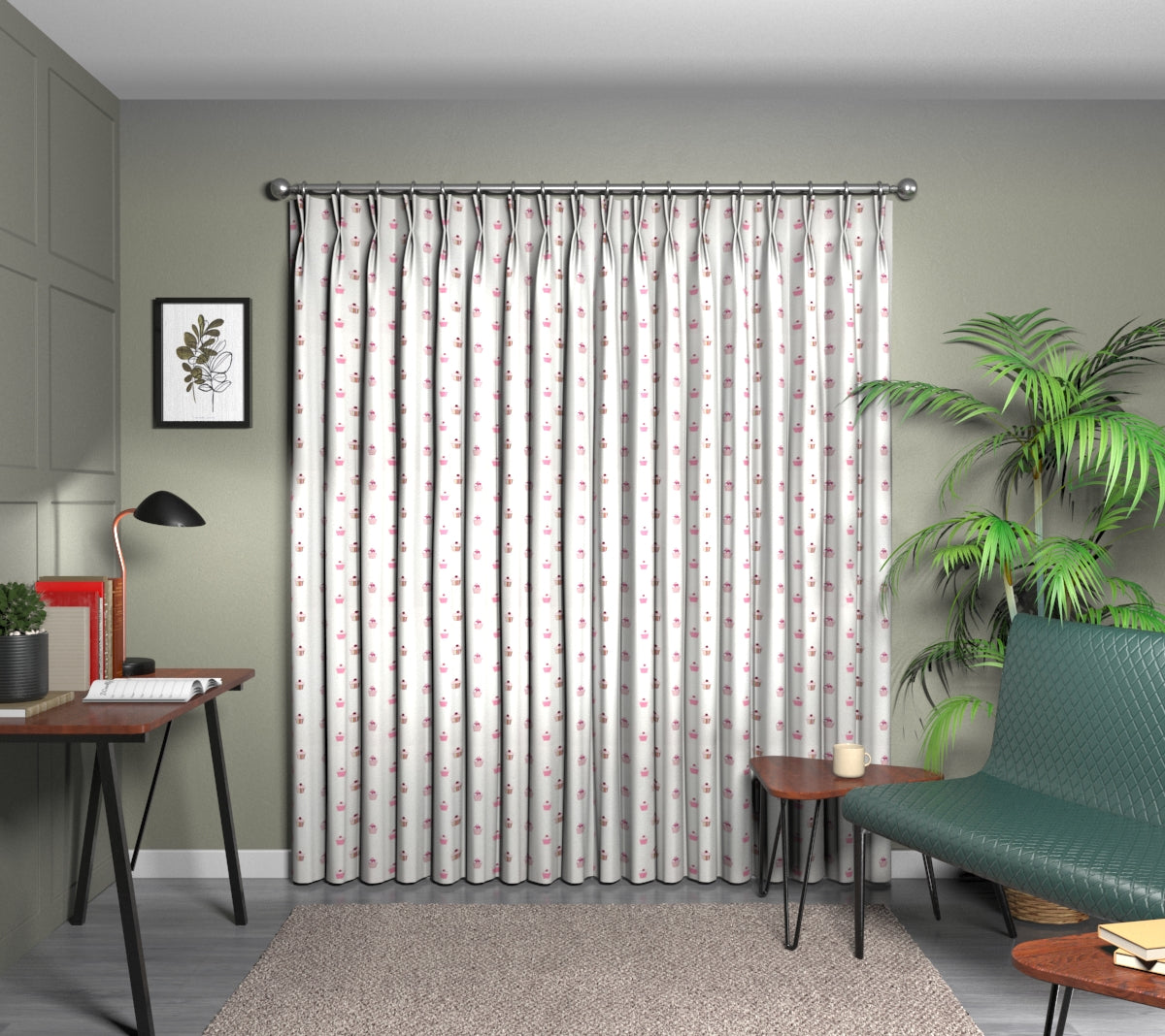 Cupcakes Fuchia Candy Lime/Natural Double Pleat Curtain
