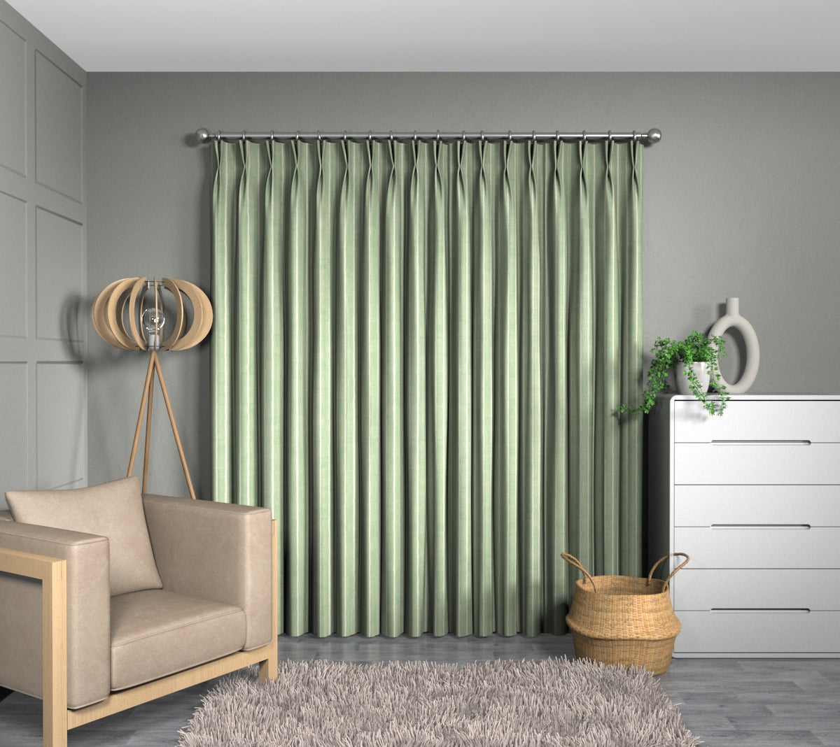 Pencil Stripe Lemongrass Double Pleat Curtain