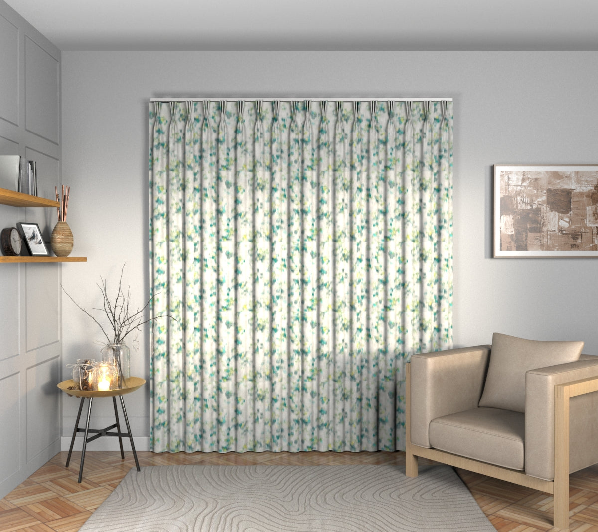Wild Garden Jade Triple Pleat Curtain
