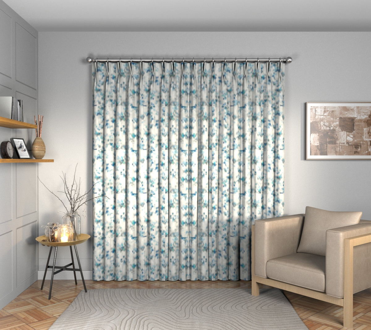 Wild Garden Cobalt Double Pleat Curtain