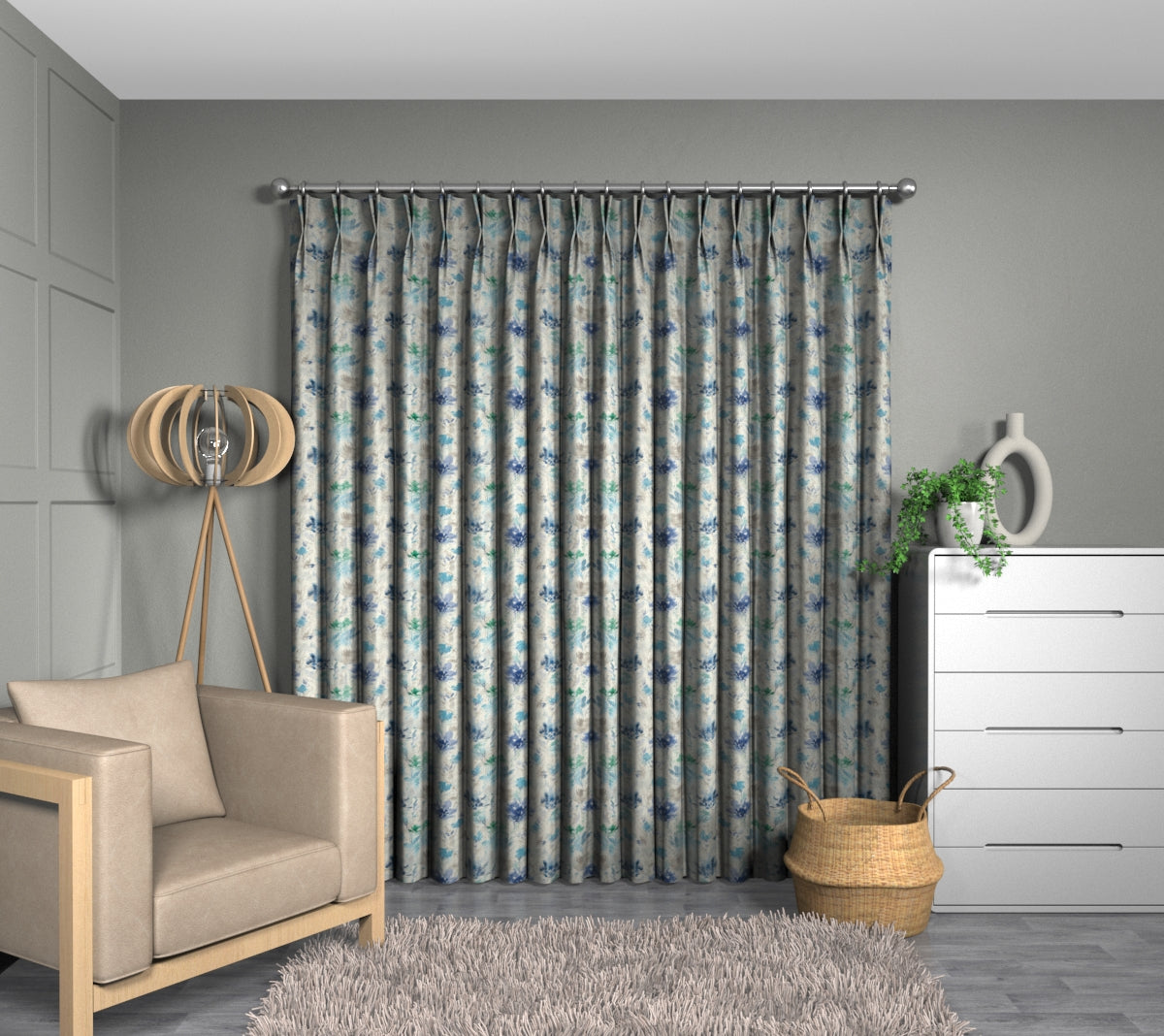 Water Meadow Cobalt Double Pleat Curtain