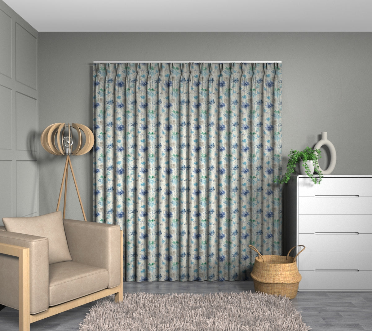 Water Meadow Cobalt Triple Pleat Curtain